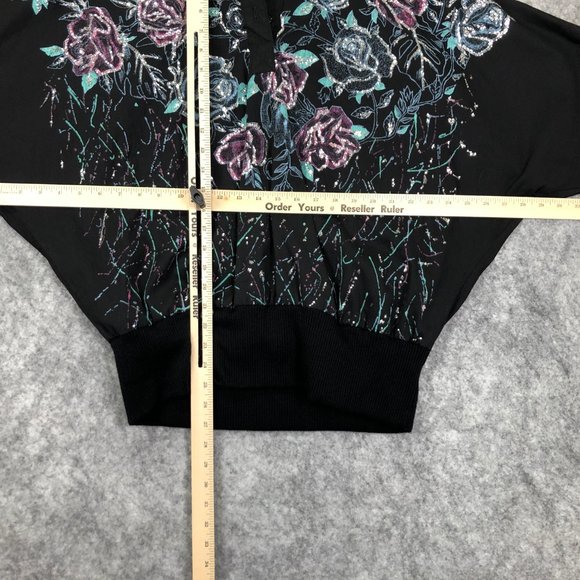 Vintage 80s 90s Sweater Size L Womens Glitter Floral Dolman 3/4 Sleeve Black - Picture 7 of 12